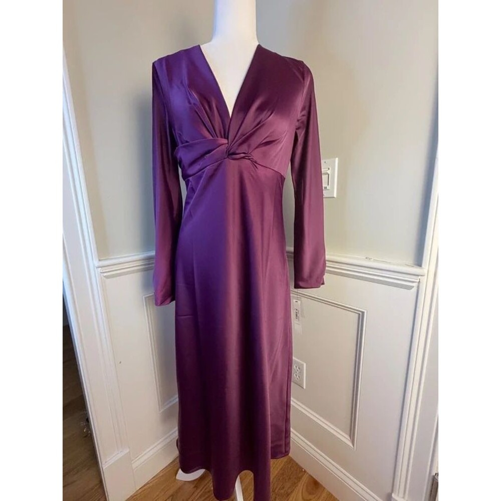 Maggy London Purple Satin Twist Front Midi Dress Size 6 NWT